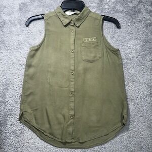 H&M Sleeveless Button Down Shirt Girls 12 Olive Green Star Embroidered Utility